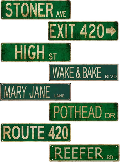 8 PCS Stoner Avenue Mary Jane Lane Exit 420 Street Sign Weed Accessories Marijuana Gifts for Men - Vintage Trippy Rustic Room Man Cave Decor
