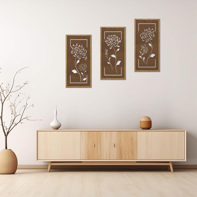 KAIRNE Floral Wooden Wall Art,Boho Flower Farmhouse Decor Set of 3(16X8),Brown Vintage Wood Hanging Decor,Bohemian Framed Wall Art,Retro Design for Living Room Bedroom Office Decor