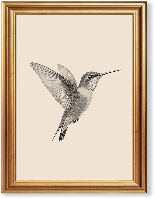 JLTULT Gold Framed Hummingbird Wall Art, Vintage Black White Sketch Wall Decor, Hummingbird Illustration Art Prints for Living Room Bedroom Office 12x16 Inches with Fade-Resistant Easy to Hang