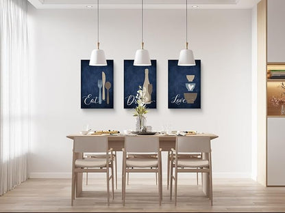 GUBIYU Farmhouse Kitchen Wall Decor Eat Sign Eat Drink Love Wall Art Set of 3,Navy Blue Dining Room Wall Decor Kitchen Sign Home Decor for Home Kitchen Dining Living Room Bar Cafe Decor 20"x28"