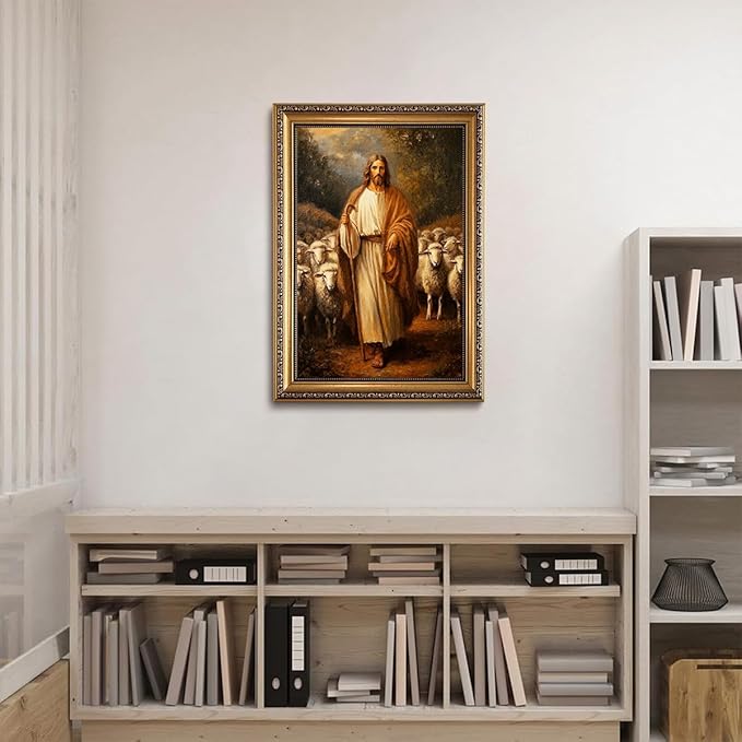 WZGZXU Vintage Gold Framed Wall Art Jesus Wall Decor Christian Canvas Art Jesus Sheep Pictures Religious Painting Print For Living Room Bedroom Church 16X24in