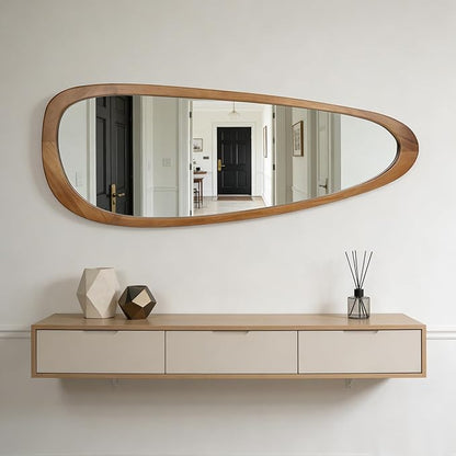 Ruomeng Full Length Irregular Wall Mirror, 60 x 22 Inch Wooden Mirror, Boho Large Decorative Asymmetrical Mirror for Bathroom, Living Room, Bedroom, Entryway, Farmhouse, Tempered Glass, Shatterproof