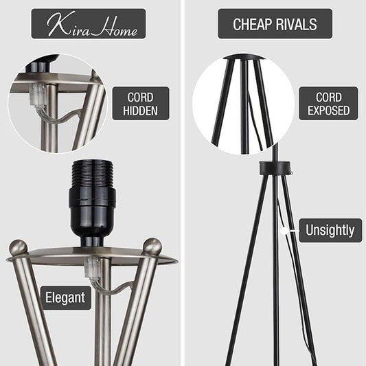 Kira Home Sadie 60" Modern Tripod Floor Lamp with Gray Linen Drum Shade, Mid Century Cross-Leg Standing Light with 9W LED Bulb, Brushed Nickel Finish
