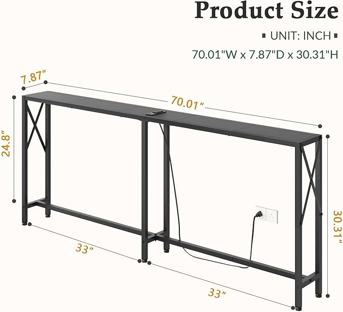 Gewudraw Console Table Narrow Long, Behind Couch Table with Oulets & USB Ports, Industrial Long Skinny Stand for Entryway,Hallway, Living Room, Bedroom Black, 7.9" D x 70" W x 30.3" H