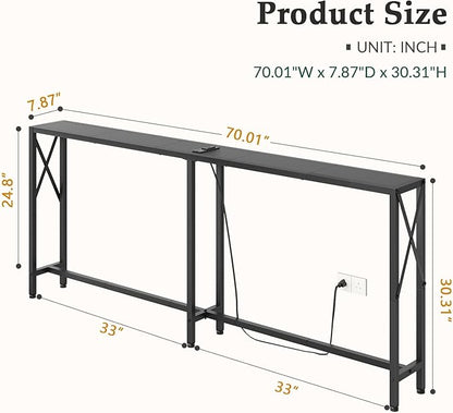 Gewudraw Console Table Narrow Long, Behind Couch Table with Oulets & USB Ports, Industrial Long Skinny Stand for Entryway,Hallway, Living Room, Bedroom Black, 7.9" D x 70" W x 30.3" H