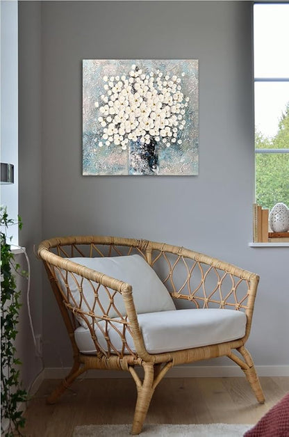 Waowumar Flowers Canvas Wall Art Blue and White Blossom Pictures Contemporary Palette Knife Floral Textured Painting for Bedroom Living Room Decor
