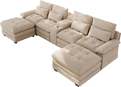 134"U Shaped Sectional Couches for Living Room, Oversized Modular Sectional Fluffy Couch with 2 Ottoman & Storage Console,Modern 6 Seat Living Room Sofa with Glitter Fabric,Tufted Buttons, Camel
