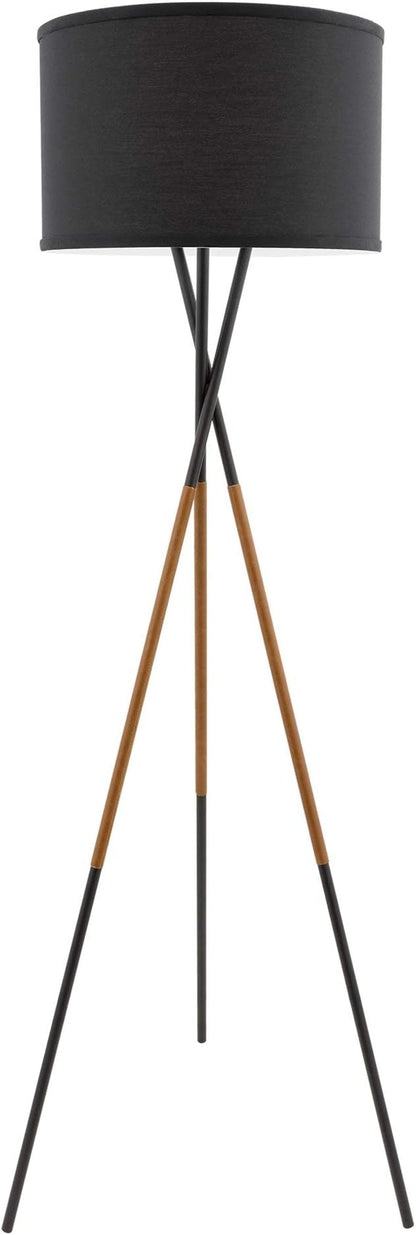 Kira Home Sadie 61" Modern Tripod Floor Lamp with Black Linen Drum Shade, Cross-Leg Standing Light with 9W LED Bulb and Leather Accent, Black Finish