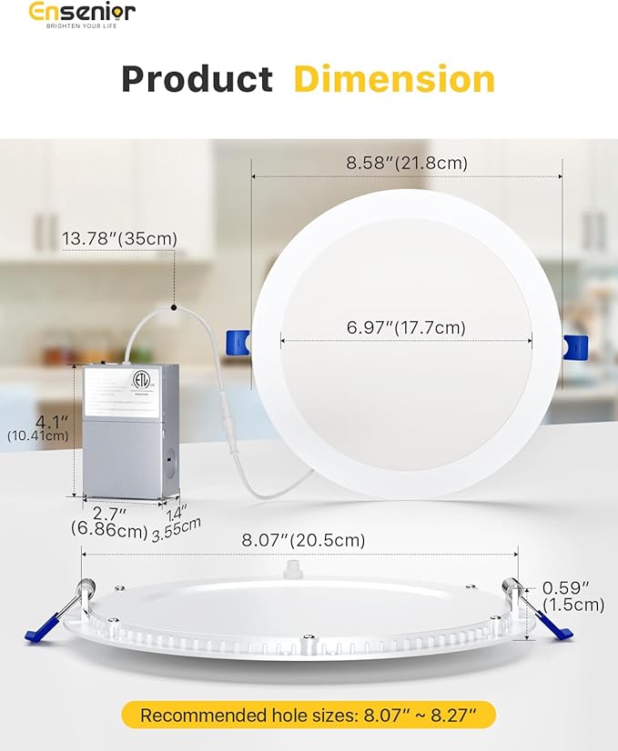 Ensenior 12 Pack 8 Inch LED Recessed Ceiling Light, Dimmable, 2700K-5000K 5CCT, 1600LM 18W 120V, High Brightness Canless Wafer Downlight - ETL&FCC&IC