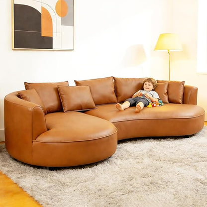 WILLIAMSPACE 124.8" Leather Curved Sofa Couch, Modern Upholstery Luxury Sofa with Pillows, Left Hand Facing Sectional Couch for Living Room (Left-Facing,Orange Leather)