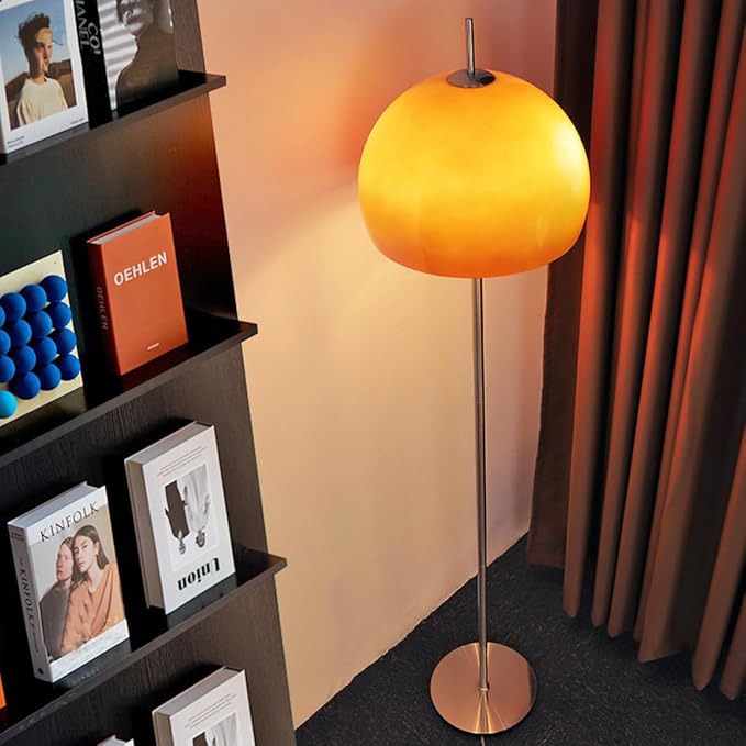 Contemporary Floor Lamp Orange Glass Bauhaus Standing Lamp Mushroom Dome Shaped Art Deco Lamp Tall Mid-Century Modern Lamps for Living Room Bedroom - Silver Base