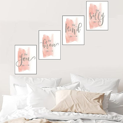 Set of 4 Teen Girl Framed Wall Art Canvas Painting Be Brave Inspirational Quotes Print Blush Grey Poster Picture Nordic Girls Bedroom Decor