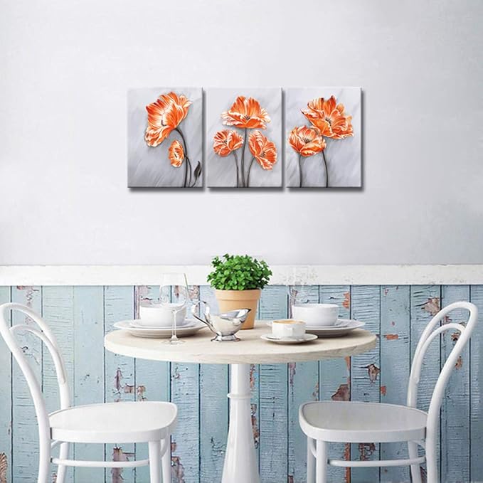 Derkymo 3 Panels Elegant Poppy Wall Painting Orange Flower Canvas Wall Art Pictures of Poppy Flowers for Home Decoration Stretched and Framed Easy to Hang 12"x16"x3pcs
