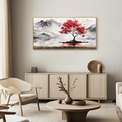 QIYILEXWART Wood Framed Large Wall Decor For Living Room Stretched And Framed Canvas Wall Art For Office Wall Decorations For Bedroom Red Tree Painting Farmhouse Pictures Home Decor