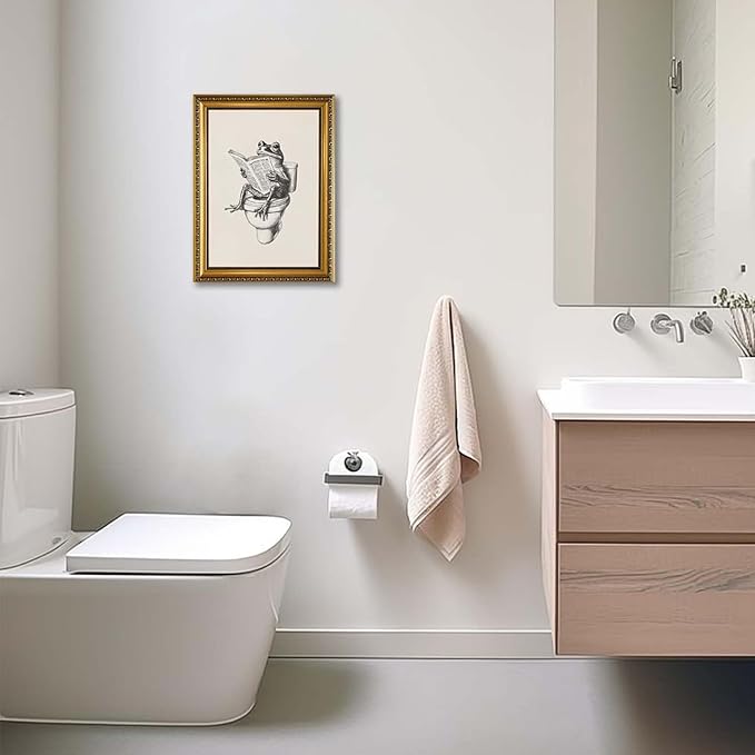 YD&YZY Gold Framed Funny Bathroom Frog Wall Art Canvas Frog on Toilet Reading Newspaper Wall Decor Unique Cute Animal Painting Picture Print Artwork for Bedroom Bathroom 12x16 inch Framed