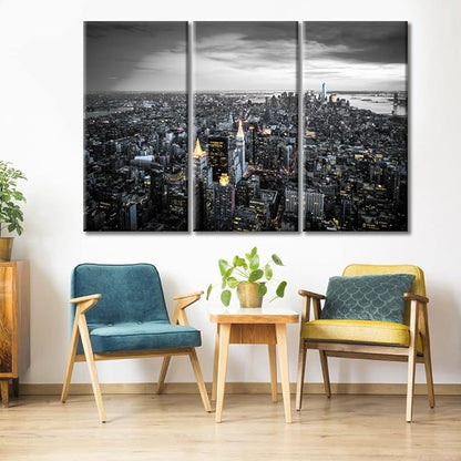 3 Panels Manhattan, New York Nighttime Lightscape Modern Home Decor Beautiful City Skyline Canvas Paintings for Bedroom, Living Room, Office. Posters and Prints Framed Ready to Hang (42"Wx28"H)