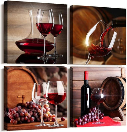 Kitchen Wall Art for dining room Wall Decor Still life wine Fruit goblet Canvas Prints Artwork Wine barrel bar watercolor painting family wall decorations restaurant bedroom Decor 4 piece set