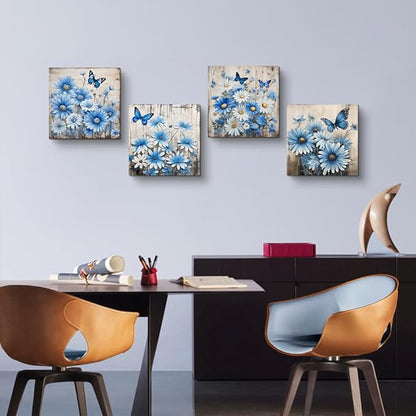 TTHYUEWS Canvas Wall Decor For Bedroom Room Wall Art For Living Room Abstract Blue Flowers Paintings Wall Artworks Hang Pictures For Office Decoration Posters Prints Art Kitchen Home Decor 4 Piece