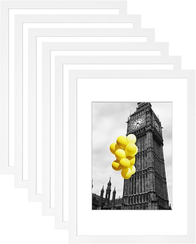 A4 Picture Frame Set of 6, Display Pictures 6x8 with Mat or 8.3x11.7 Without Mat, Document Frame,Wall Gallery Poster Frames, White