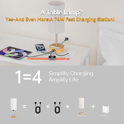 Bedside Lamp with Charging Station 74W【2 * 3.94ft Retractable Cords & 2 USB Ports】, 3 Way Dimmable Touch Lamps for Nightstand with LED Bulb, Small Desk Lamp, Set of 2, Yellow Wood Grain