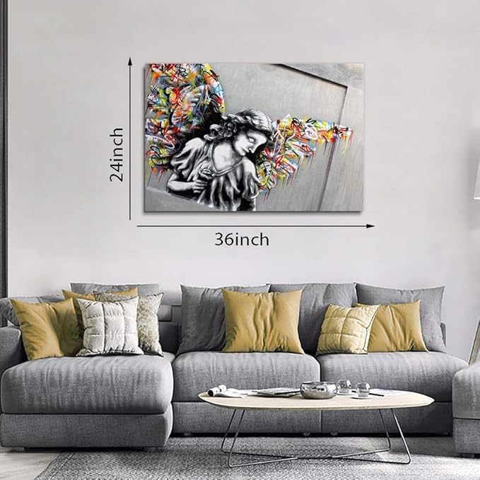 Yatsen Bridge Banksy Street Graffiti Wall Art, Angel Wings Canvas Picture Art Print Painting Modern Framed Artwork Gallery-Wrapped Ready to Hang - 36x24 inch