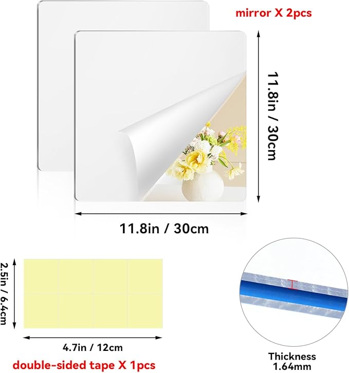 yuntop 2 Pack Self Adhesive Acrylic Mirror, 2MM Flexible Plastic Mirror, Shatterproof PS Frameless Wall Mirror for Bathroom Vanity and Entryway (12 x 12 inch)