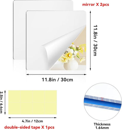 yuntop 2 Pack Self Adhesive Acrylic Mirror, 2MM Flexible Plastic Mirror, Shatterproof PS Frameless Wall Mirror for Bathroom Vanity and Entryway (12 x 12 inch)