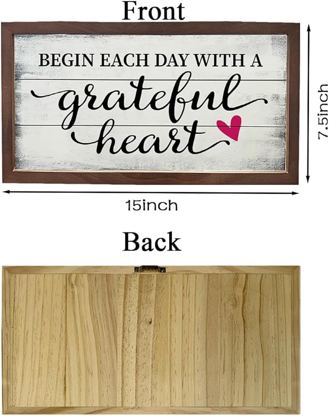 Inspirational Wall Art, Wood Decoration for Home Office, Living Room Decor, Bedroom Decors, Wooden Framed Wall Decor, Begin Each Day With a Grateful Heart Sign, 15×7.5×0.3 inches