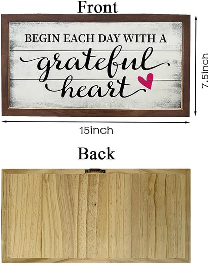 Inspirational Wall Art, Wood Decoration for Home Office, Living Room Decor, Bedroom Decors, Wooden Framed Wall Decor, Begin Each Day With a Grateful Heart Sign, 15×7.5×0.3 inches