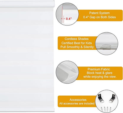 Persilux Cordless Zebra Blinds for Windows Free-Stop Roller Shades for Windows (15" W x 47" H, White) Dual Layer Room Darkening Roller Blinds for Home, Office and Kitchen