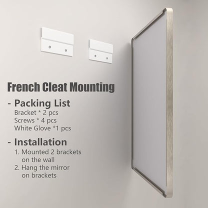 60x28 Silver Bathroom Mirror for Wall, Silver Brushed Framed Bathroom Vanity Mirror, Rectangle Bathroom Nickel Mirror, Anti-Rust, Shatterproof (Horizontal/Vertical)