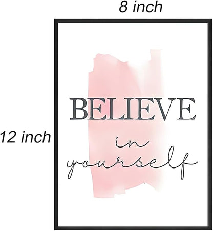 4 pcs Frame Wall Art Stay Positive Make It Happen Motivational Inspirational Quote Pink Canvas Painting Poster Pictures for Teenage Girl Bedroom Decor Office