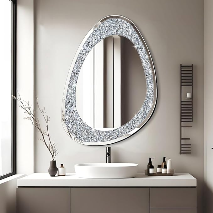 DMDFIRST Modern Irregular Shaped Wall Mirror – 32x23.5 Inch Decorative Oval Diamond Decor Mirror for Living Room, Bedroom, Bathroom, Entryway