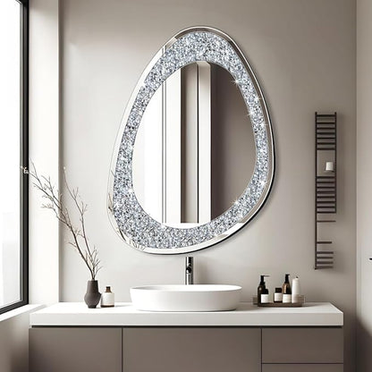 DMDFIRST Modern Irregular Shaped Wall Mirror – 32x23.5 Inch Decorative Oval Diamond Decor Mirror for Living Room, Bedroom, Bathroom, Entryway