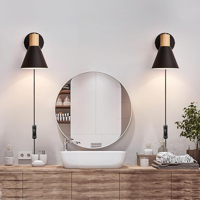 Plug in Wall Sconces Lighting Fixture, Wooden Adjustable Bedside Wall lamp for Industrial Bedroom, Living Room Bathroom Sink Lighting (1 Pack, Black)