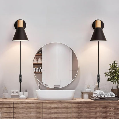 Plug in Wall Sconces Lighting Fixture, Wooden Adjustable Bedside Wall lamp for Industrial Bedroom, Living Room Bathroom Sink Lighting (1 Pack, Black)
