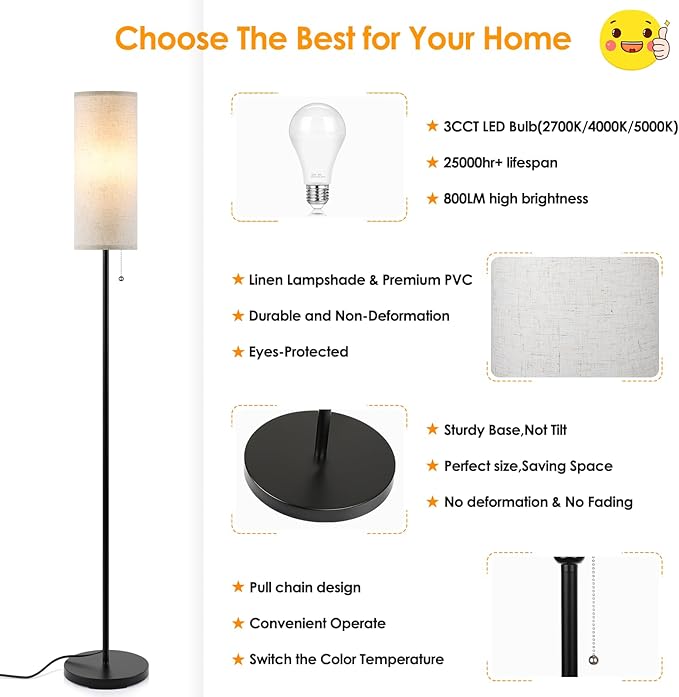 Coucrek Floor Lamp for Living Room, 3 Color Temperature Modern Standing Lamps, Minimalist Pole Lamp Tall Lamps for Bedroom Living Room Office,Black