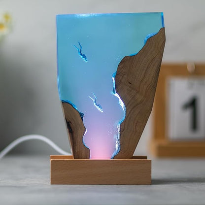 Epoxy Resin Lamp, Ocean Night Light,Artistry Home Decor Bedside Nightlight, Unique Resin Lighting, Nightstand Decorations for Bedroom, Suitable for Holidays(6inch-Two Divers)