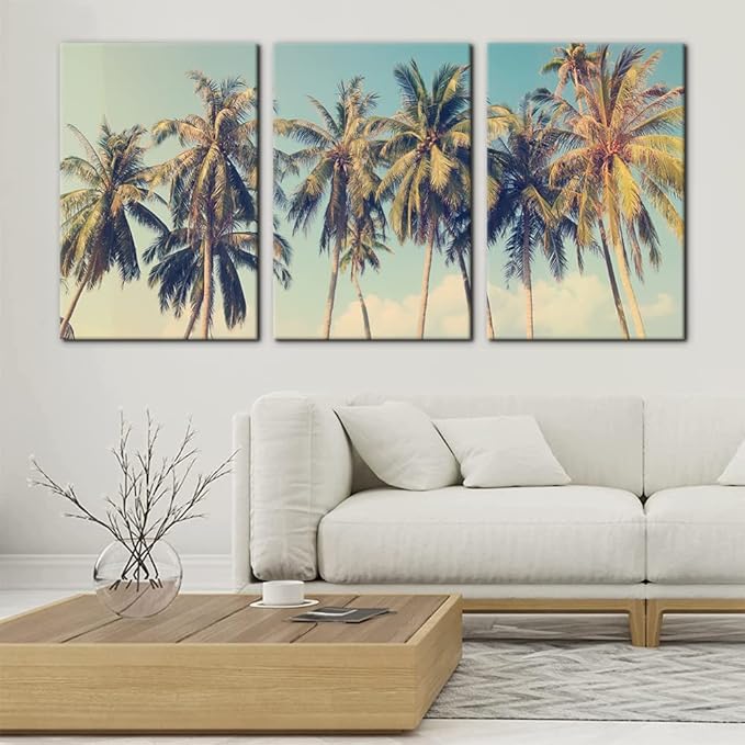 Pacimo Canvas Print Wall Art Set Row of California Palm Trees & Blue Sky Nature Wilderness Photography Realism Chic Scenic Seaside Landscape Pictures Giclee Artwork Stretched Framed - 16"x24"x3 Panels