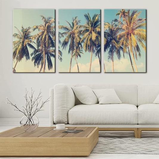 Pacimo Canvas Print Wall Art Set Row of California Palm Trees & Blue Sky Nature Wilderness Photography Realism Chic Scenic Seaside Landscape Pictures Giclee Artwork Stretched Framed - 16"x24"x3 Panels