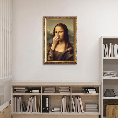 WZGZXU Vintage Gold Framed Wall Art Monalisa Holding Her Nose Wall Decor Monalisa Bathroom Canvas Art Funny Toilet Pictures Humor Imitation Paintings Ptints For Toilets Bathroom