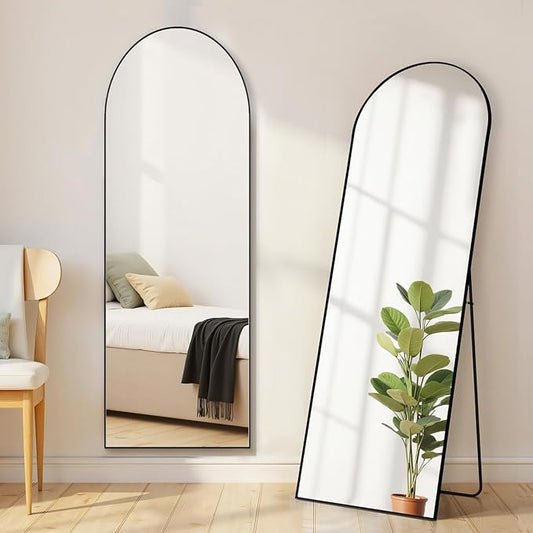 Arched Mirror Full Length, Upgraded 16"x59" Body Wall Mirrors with Shatter-Proof Glass, Floor Standing, Hanging or Leaning, Tall Arch Mirror with Stand Aluminum Alloy Frame for Bedroom, Black