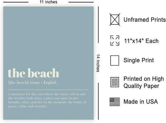 Poster Master Definition of The Beach Print - Typography Poster - Dictionary Art - Gift for Men & Women - Minimal Decor for Bedroom, Living Room or Dorm - 11x14 UNFRAMED Wall Art