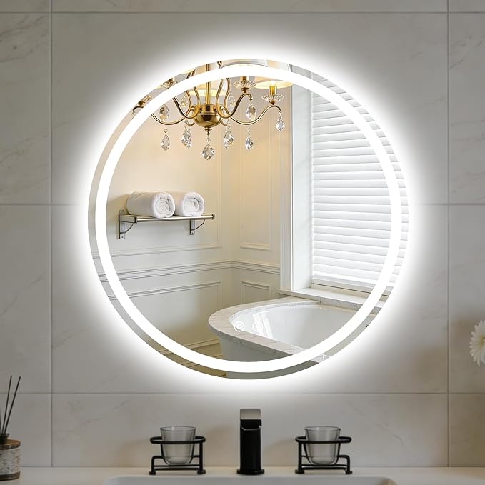 NEWBULIG 28 Inch Round LED Bathroom Wall Mirror with Lights, Light up Vanity Bathroom Mirror for Over Sink, Anti-Fog and Dimmable, Front Light and Backlit, Memory Function, Shatter-Proof, White