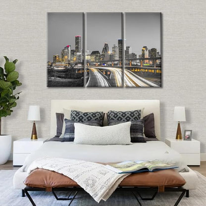 TUMOVO 3 Panel Houston Skyline Office Decor American Cityscape Pictures Black and White Wall Art Nighttime Skyscrapers Lightscape Artwork Posters and Prints Framed Ready to Hang (60" Wx40 H)