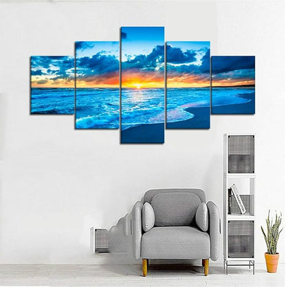 Canvas Painting Beach Ocean Sunrise Modern Landscape Painting on Canvas 5 Piece Print HD Sea View Pictures Giclee Artwork Wall Art for Living Room Home Decor Wooden Framed Stretched (60''W x 32''H)
