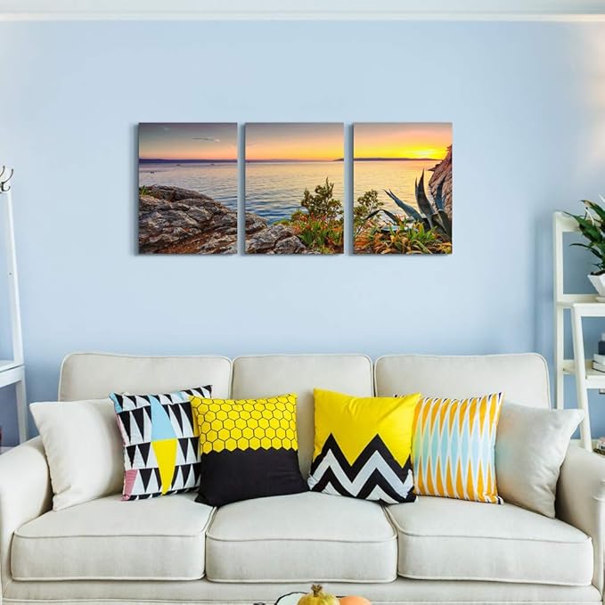 Canvas Wall Art for living room bathroom Wall Decor for bedroom artwork Canvas Prints sun ocean landscape painting 12" x 16" 3 Pieces framed office family wall decorations Pale yellow kitchen picture
