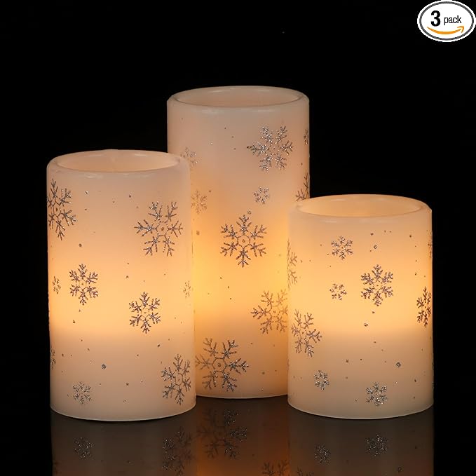 Silver Snowflake Flameless Flickering Candles Battery Operated with 6H Timer, 3 Pack Real Wax Warm Light LED Pillar Candles Dinner Tabletop Holiday Centerpiece Decor 3" x 6"