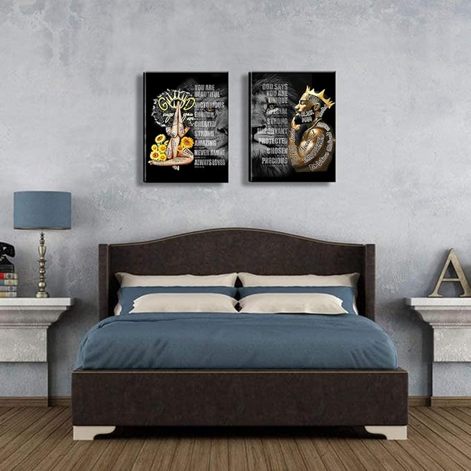 2 Pecs Framed Black King and Queen Wall Art Black Couple African American Men Portrait Wall Art Black Men Art Afro King Poster Abstract Contemporary Canvas Prints Painting Home Decor for Bedroom