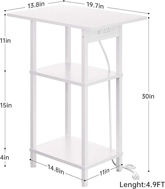 Asgolion Tall Side Table with Charging Station, Skinny End Table Nightstand with USB Ports and Outlets, 3 Tier Narrow Side Table with Storage for Bedroom, Living Room, Office, Nursery, White